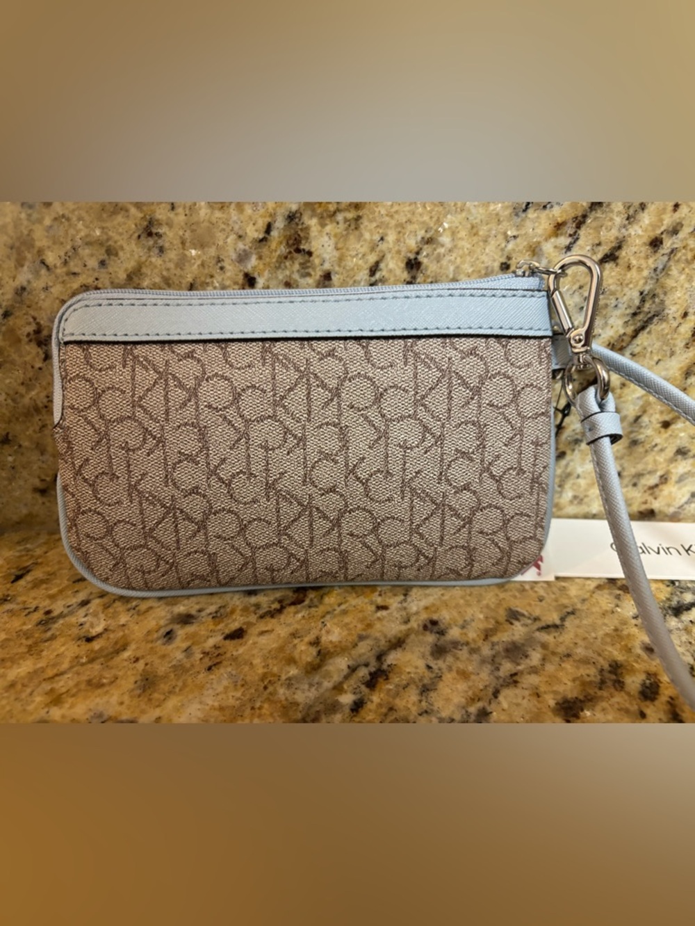 Calvin Klein Brown Monogram Wristlet with Light Blue Trim - Picture 3 of 3